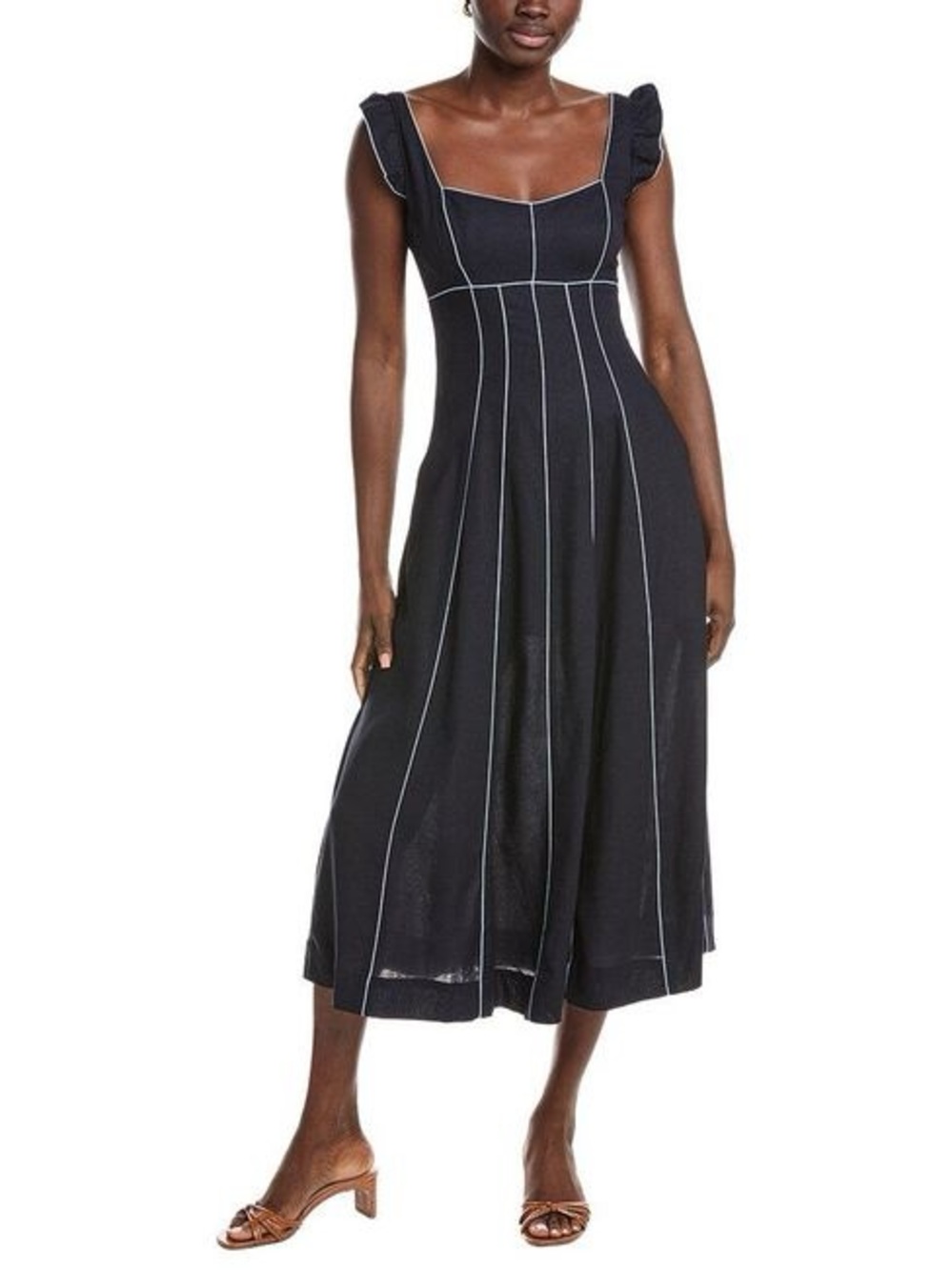 Ellen Tracy Contrast Piping Linen-Blend Midi Dress S NWT